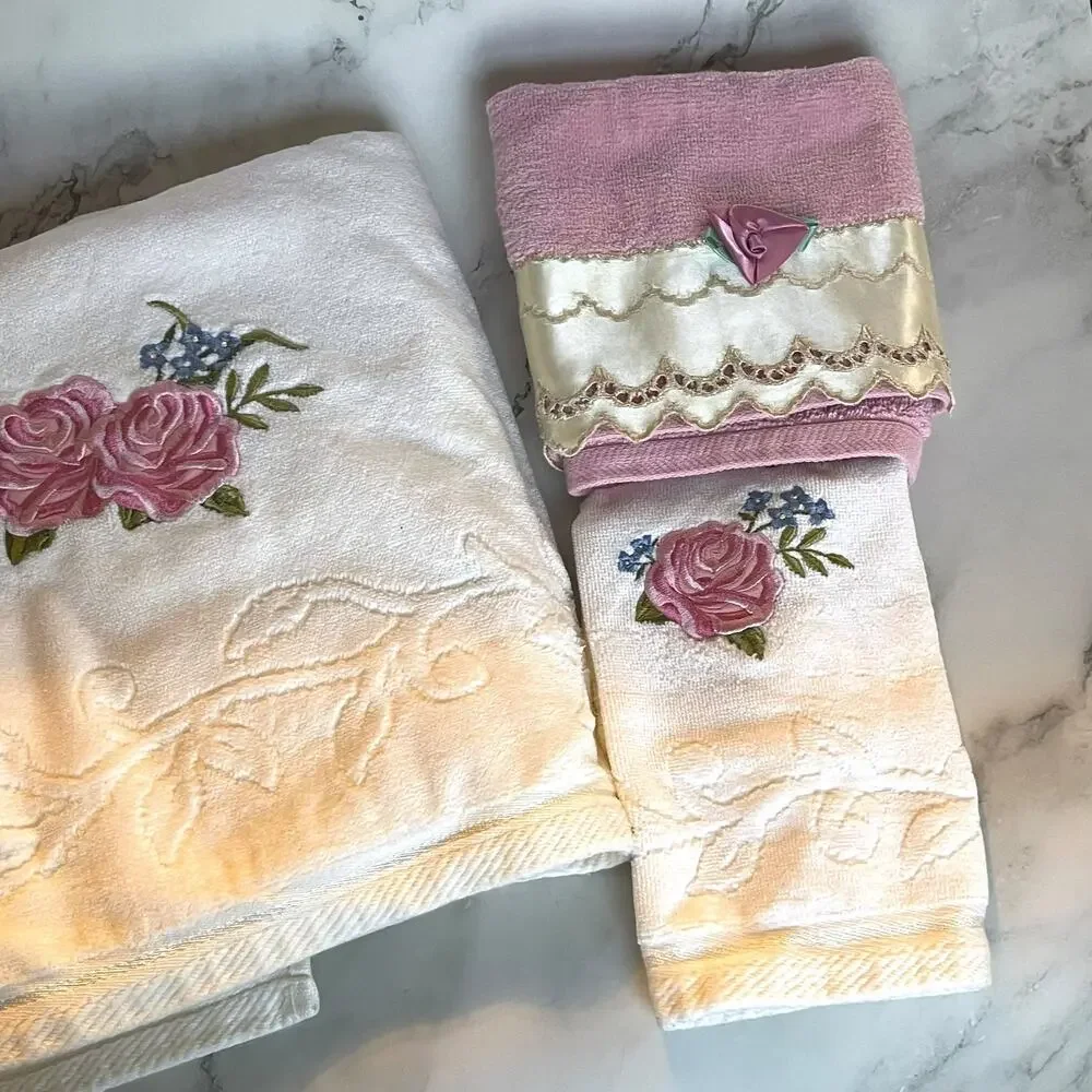Vintage After Bath Luxury 3pc Towel Set Pink Rose Floral Made in USA